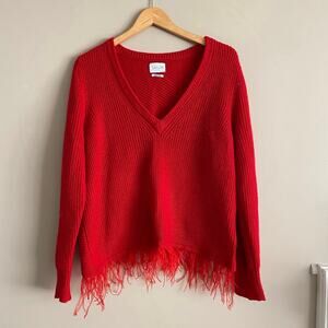 Revolve SAYLOR Juneau Red Feather Trim V Neck Wool Blend Sweater Size Large